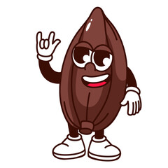 Groovy cartoon cocoa bean pod character with rock band gesture. Funny retro with V fingers and funky smile, cocoa harvest mascot for chocolate, cartoon sticker of 70s 80s style vector illustration