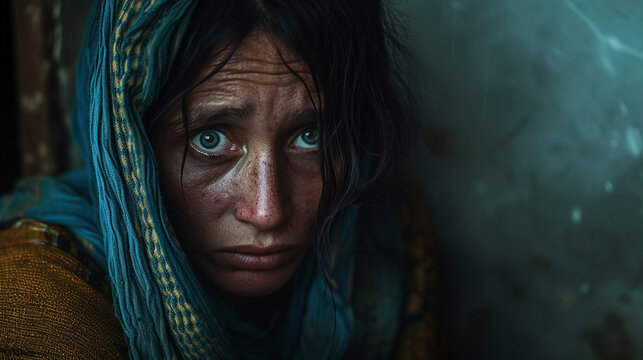 teenager in poverty or war zone, fictional location, mature adul