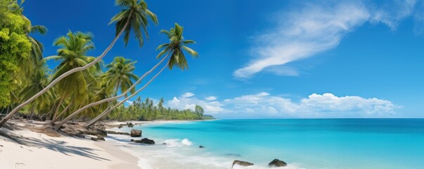 panoramic coastal paradise with white sandy beach, azure sea waves, palm trees