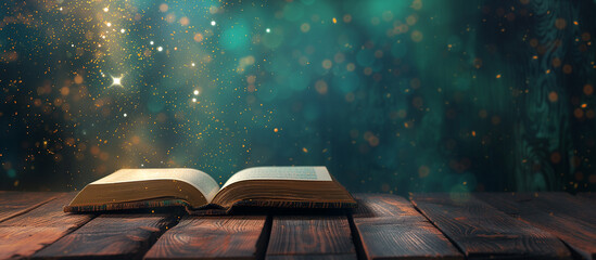Magic Book With Open Antique Pages And Abstract Bokeh Lights Glowing In Dark Background - obrazy, fototapety, plakaty