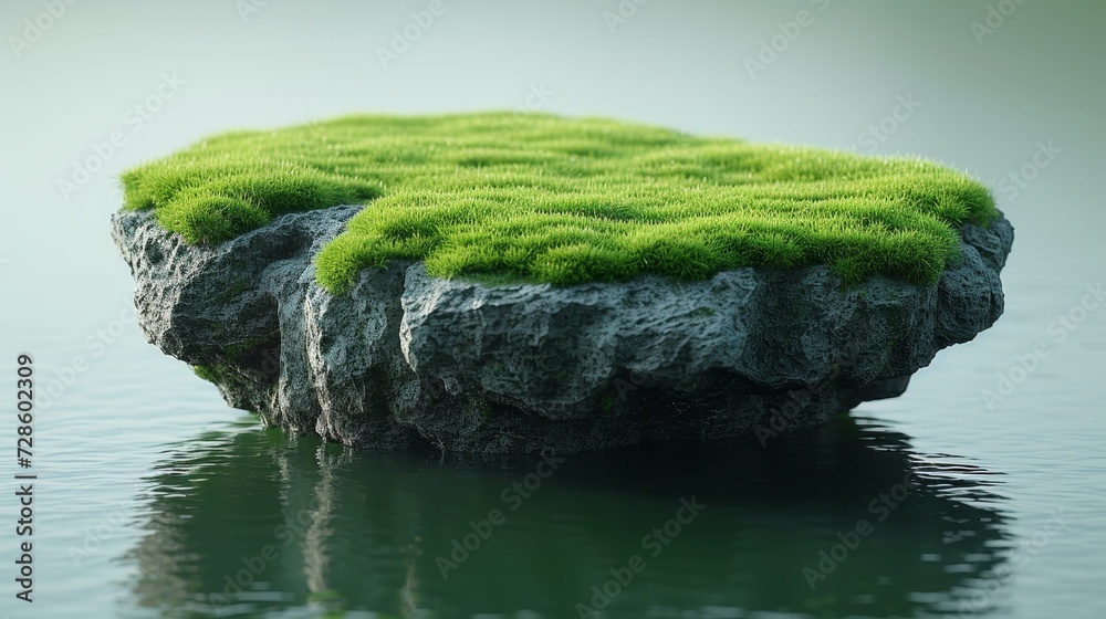 Poster In this 3D illustration, a flying paradise rock floating island with a green grass field is shown isolated in an abstract white background. The rock is floating on grass lawn, with an empty field in