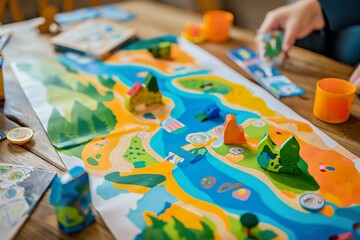A child,  engages in playful discovery as they interact with a game detailed map, exploring continents, oceans, and cultures.