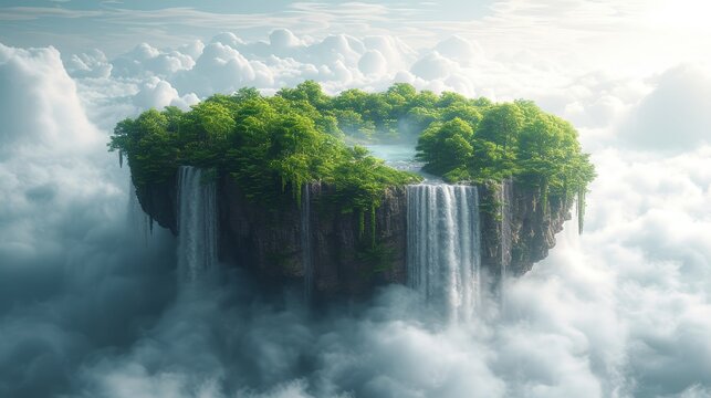 Fantasy island with green trees, waterfalls, isolated with clouds. Realistic illustration of flying heaven.