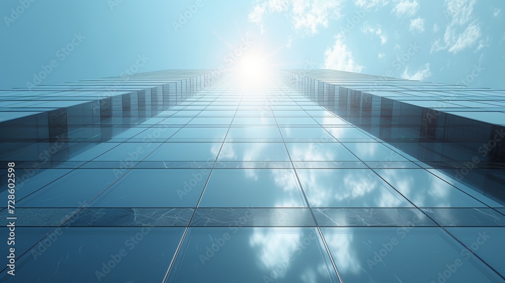 Poster a view of a high rise glass building and a dark steel window system on a blue clear sky background. 
