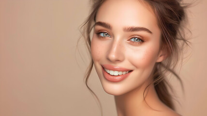 Beige Makeup Beauty Shot, Radiant woman with clear skin and captivating smile,  natural beauty, Ideal for beauty product advertisements. 