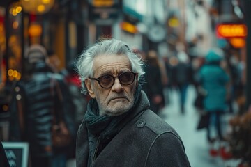 An older man with white hair and glasses walking on a city street, surrounded by buildings and pedestrians.