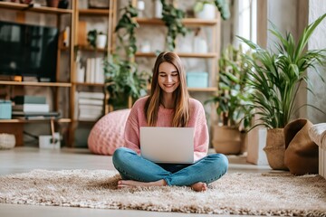 A woman sitting on the floor, engrossed in using her laptop.