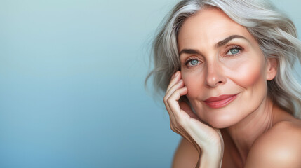Obraz premium Radiant woman 50 old years with clear skin and captivating smile, Ideal for beauty product advertisements.