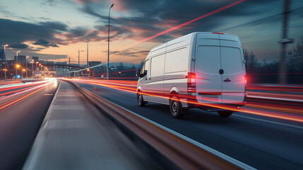 White delivery van on highway road. 