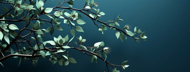 Beautiful wide panoramic plant branch with small flowers and leaves, wallpaper banner in blue color background  