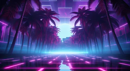 Foto auf Alu-Dibond a retro-futuristic paradise with a landscape featuring tropical beach palm trees, reflecting the vibrant aesthetic of the electronic cyberpunk era of the 80s and 90s. © Murda
