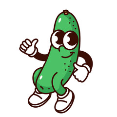 Groovy cartoon cucumber character dancing. Funny retro positive vegetable with thumb up gesture, dance of green cucumber mascot, cartoon emoji and food sticker of 70s 80s style vector illustration