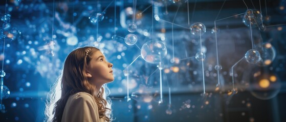 double exposure photography of girl student thinking in science class with lab and molecule model Science