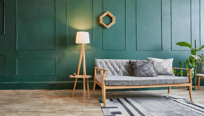 Minimalist green wall background, marble pattern wooden sofa, grey carpet, poster and frame with lamp.