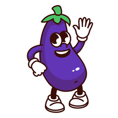 Groovy cartoon eggplant character waving hello. Funny retro aubergine with friendly face greeting, purple eggplant mascot, cartoon vegetable emoji and food sticker of 70s 80s style vector illustration