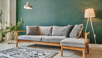 Obraz premium Minimalist green wall background, marble pattern wooden sofa, grey carpet, poster and frame with lamp.