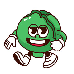 Groovy cartoon cabbage character with psychedelic smile. Funny retro leafy vegetable with teeth in mouth walking, green cabbage mascot, cartoon food sticker of 70s 80s style vector illustration