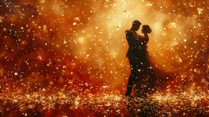  An abstract painting of a couple dancing under a shimmering rain of golden confetti © ArtCookStudio