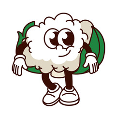 Groovy cartoon cauliflower character with cute comic face. Funny retro vegetable with smile walking, friendly cauliflower mascot, cartoon funky cabbage sticker of 70s 80s style vector illustration