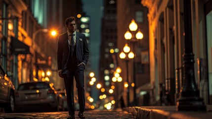 Man in a Suit Walking Down a Street at Night
