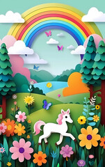 Landscape scenery paper cut poster, card with copy space. spring, summer outdoor modern cartoon concept, children design. 