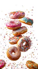 Colourful decorated donuts falling in motion isolated on white background with sprinkling. Sweet, confectionery and various doughnuts flying over white. Panorama banner, clipping path. Generative AI