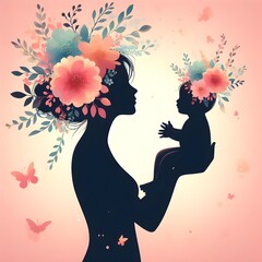 A mother's silhouette holding her baby silhouette, mother's day and flowers