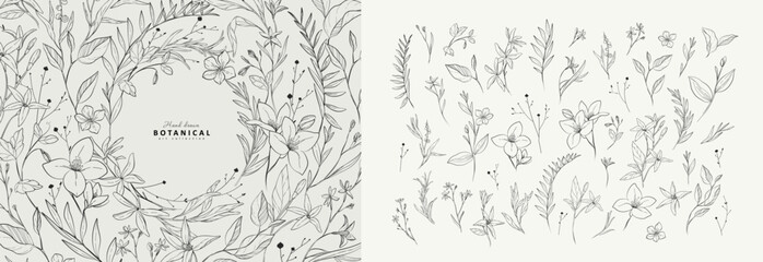 Set of detailed black and white drawing various flowers and leaves. Luxury floral collection for wedding invitation, wallpaper art or save the date card - obrazy, fototapety, plakaty