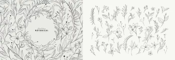 Fotobehang Set of detailed black and white drawing various flowers and leaves. Luxury floral collection for wedding invitation, wallpaper art or save the date card © merfin