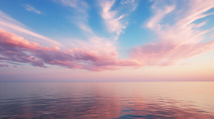 Naklejka na ściany i meble Cirrus clouds tinted pink by the sun at sunset over a calm blue ocean 