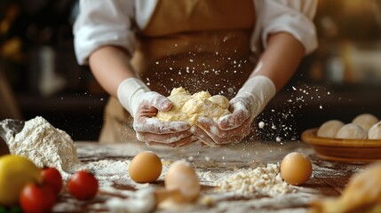 man's hands knead the dough for baking bread in the bakery