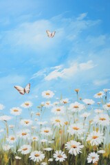 Old oil painting of chamomile and butterflies under a blue sky
