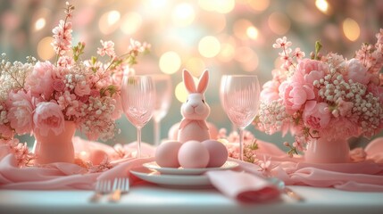 Festive Easter table setting with Easter bunny made of linen napkin and egg. Top view