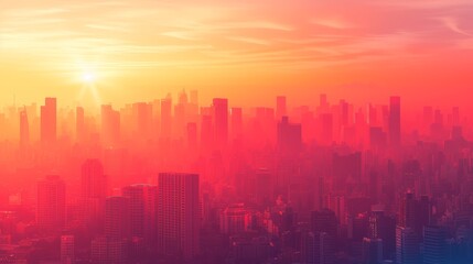 An abstract urban skyline at sunset, where silhouettes of buildings blend with warm hues