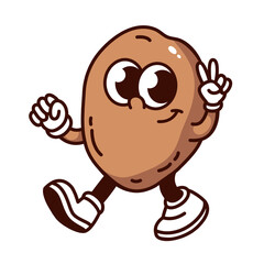 Groovy cartoon potato character with peace sign of fingers. Funny retro farm garden vegetable walking, raw potato for chips mascot, emoji and cartoon food sticker of 70s 80s style vector illustration