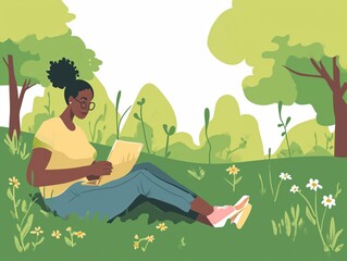 Obraz na płótnie Canvas Flat Illustration of a woman using a mobile device for remote work in a park