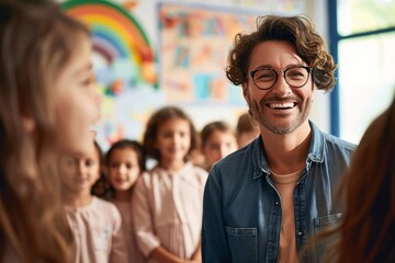 Portrait of smiling teacher in a class at elementary school looking at camera with learning students on background, Generative AI