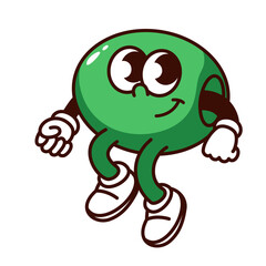 Groovy cartoon green olive character with happy smile. Funny retro vegetable running to healthy vegetarian dinner, fresh organic olive mascot, cartoon food sticker of 70s 80s style vector illustration