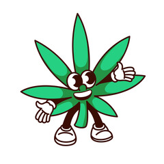 Groovy cartoon hemp character with happy smile. Funny retro marijuana plant with green leaves for hippie party, cannabis mascot, cartoon legal narcotic sticker of 70s 80s style vector illustration