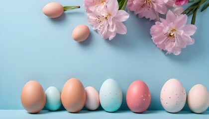 Obraz na płótnie Canvas Colorful Easter eggs and blooming pink flowers on light blue background, copy space created with generative ai