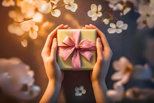 realistic 3D top view of hand holding cream color gift box with pink ribbon and cherry blossom decoration. Suitable for mothers day, fathers day, valentines etc.