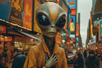 Alien in human clothing on a busy street