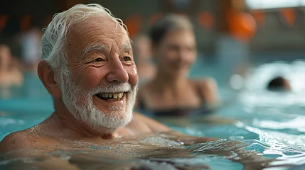Fotobehang Im Schwimmbad treffen fröhliche Rentner aufeinander. Sie lachen, plaudern und genießen das Wasser. Beim Aqua-Fit-Kurs zeigen sie erstaunliche Beweglichkeit. Entspannt im Whirlpool teilen sie Geschicht © NHDesign