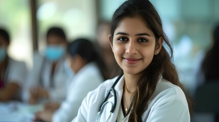 a cheerful Indian 20s woman doctor with professional white coat, in a classroom with soft focus students in the background. bright, natural lighting, upbeat and positive mood. generative AI