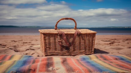 Landscape colour photo of a traditional wicker picnic basket on a tartan rug laid out on a sandy beach