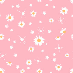 Seamless pattern with daisy flower and heart on pink background vector illustration.