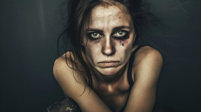 Beaten up young Caucasian woman, victim of crime