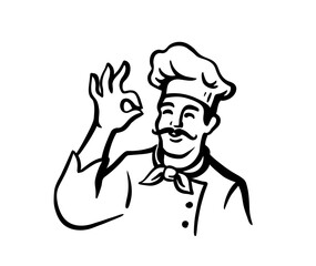Chef in working uniform. Whiskered with okay delicious hand sign