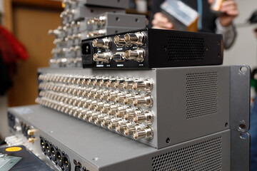 Commutation panel of telecommunication video switcher broadcast for TV channel translation