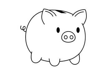 Hand drawn cute outline illustration of piggy bank character. Flat vector moneybox for savings sticker in line art doodle style. Financial literacy or bank deposit icon or print. Isolated.